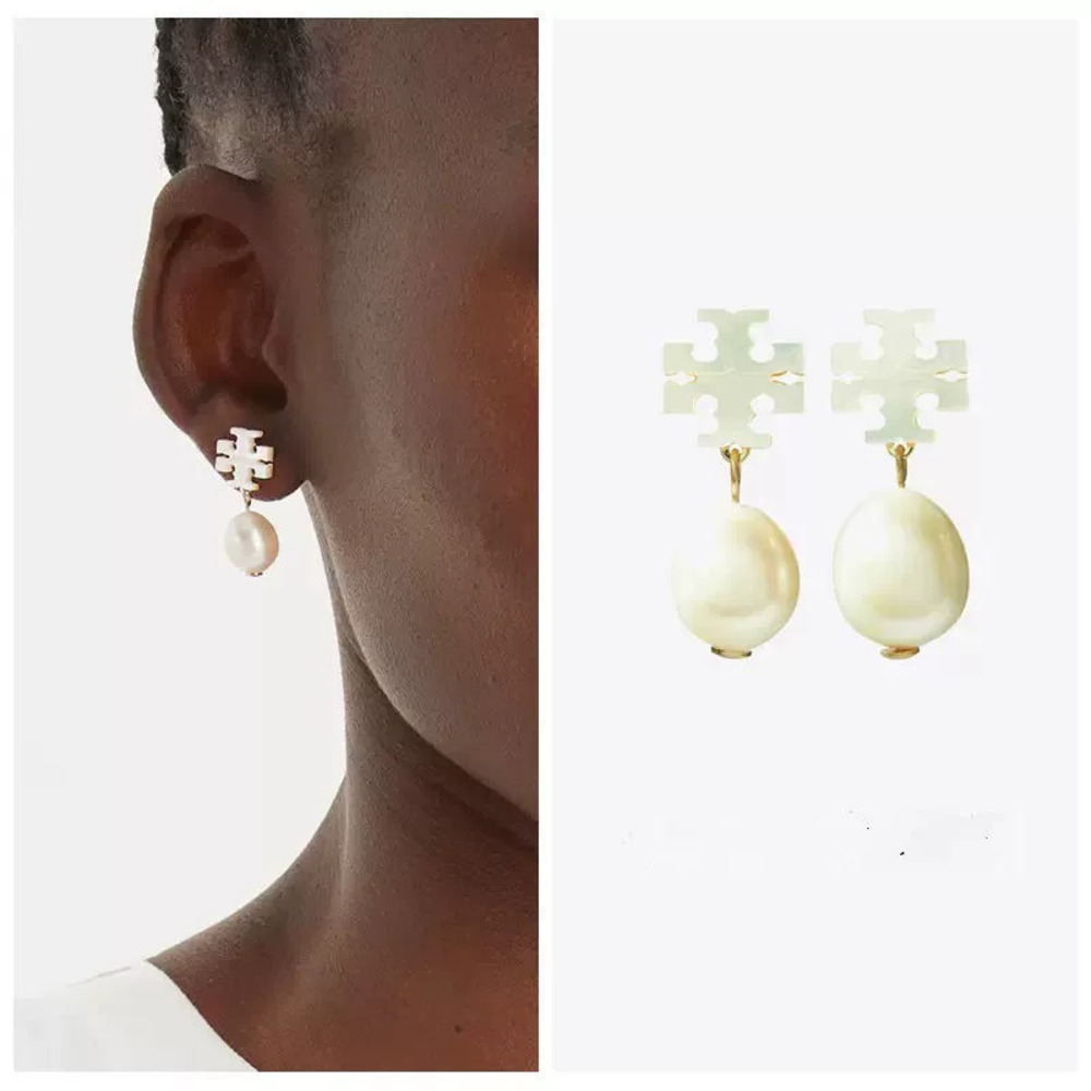 Tory Burch Shell Inlay Freshwater Pearl Drop Earrings Metal